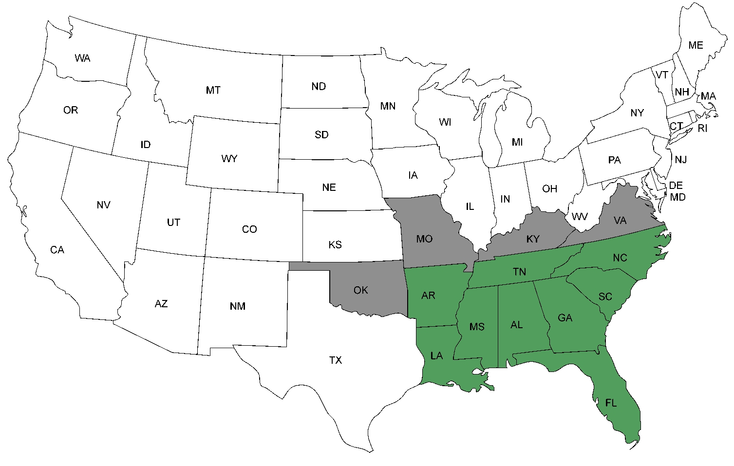 Map showing service areas in southeastern United States
